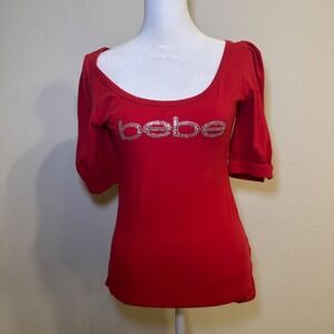 Bebe Red Rhinestone Logo Scoop Neck 3/4 Sleeve Top Shirt Size M Made in USA